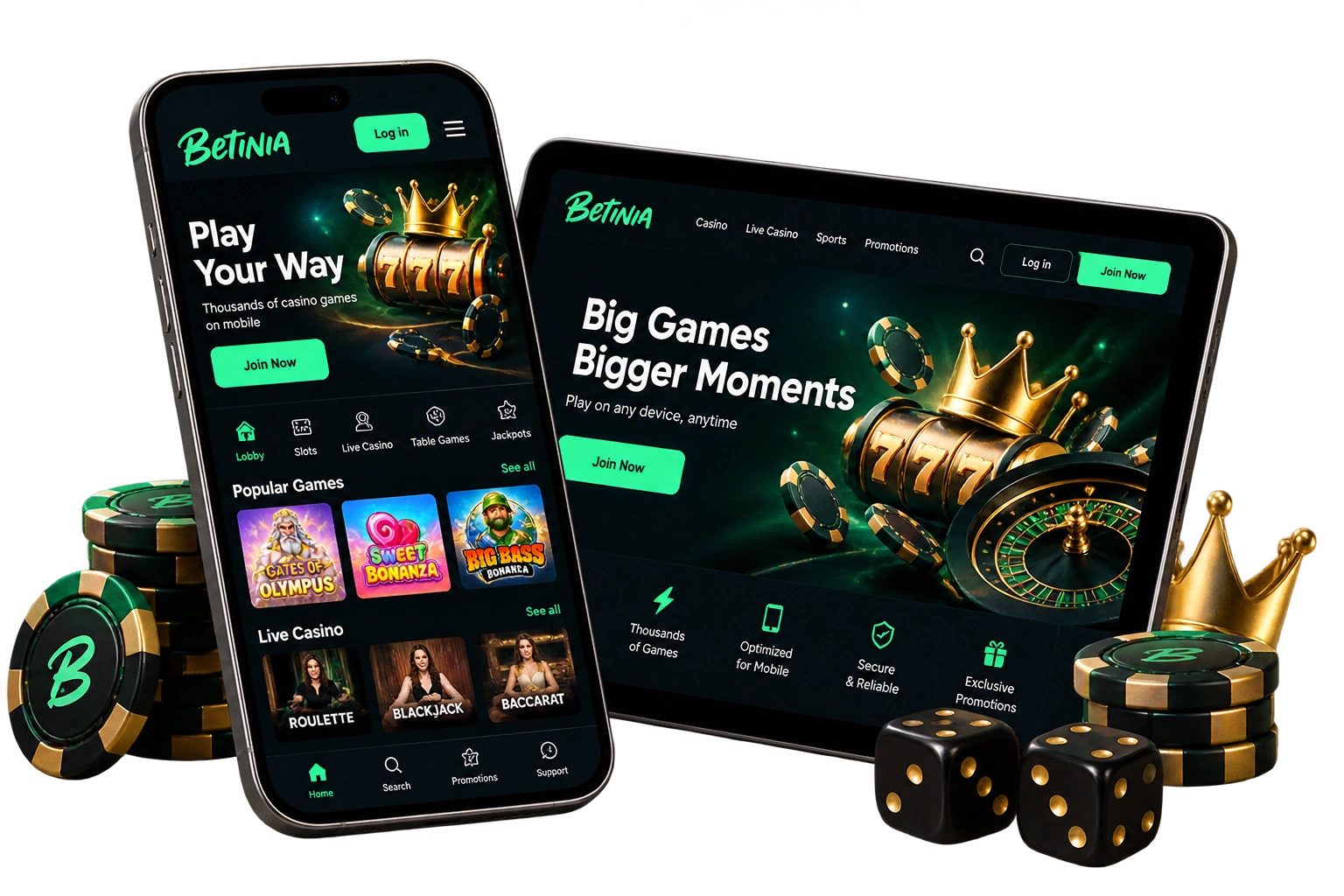 Betinia Casino mobile experience on smartphone, tablet and laptop
